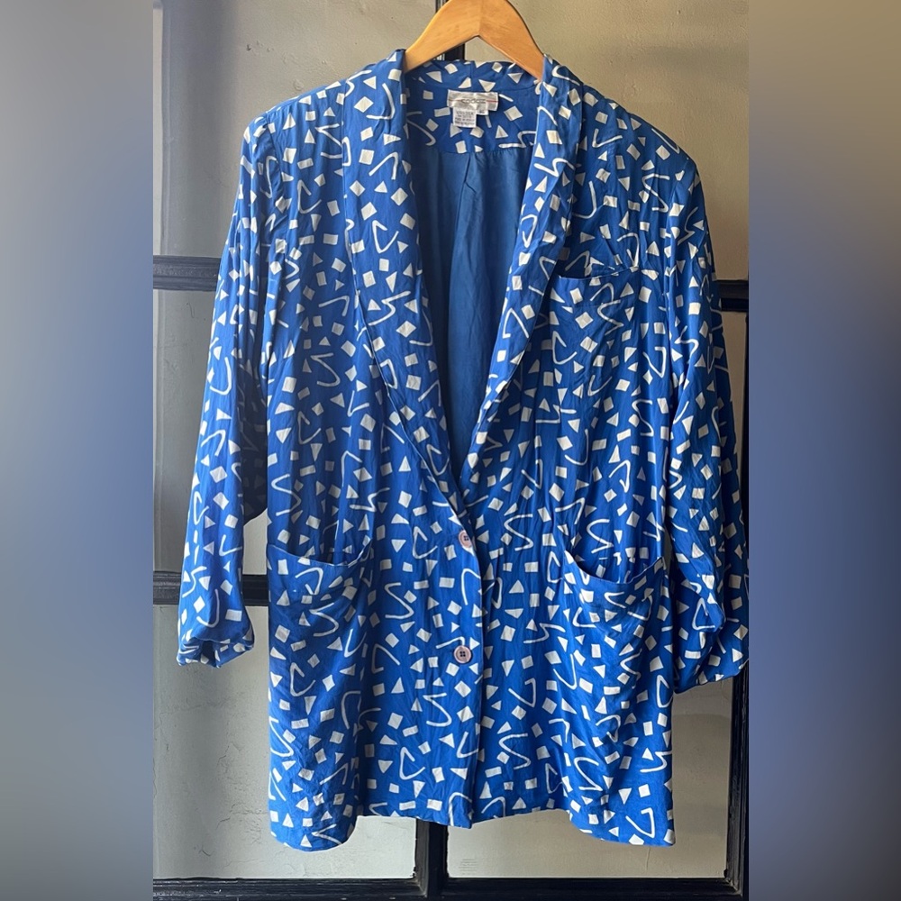 Lovely Vintage Cadaz Cobalt Blue & White Abstract Silk Blazer
